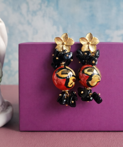 Orecchini Siciliani con Sfere in Ceramica di Caltagirone e Ossidiana Fiocco di Neve