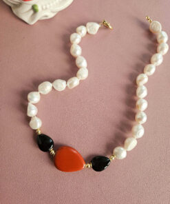 collana 2 ANIME con perle barocche e cuori in pasta di corallo e onice