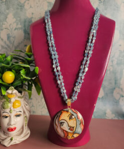 collana doppio filo con acquamarina e ciondolo in ceramica di caltagirone dipinto a mano