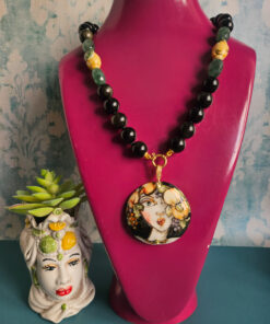 Collana Girocollo in Ossidiana Oro, Limoni e Ciondolo in Ceramica di Caltagirone