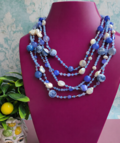 Collana Multifilo con Agata Fuoco, Cristalli Azzurri e Perle di Fiume