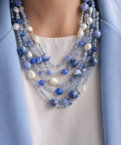 Alternative view of Collana Multifilo con Agata Fuoco, Cristalli Azzurri e Perle di Fiume