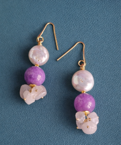 Alternative view of Drop Earrings with Liliac Kunzite, Flat Pearls and Rose Quartz
