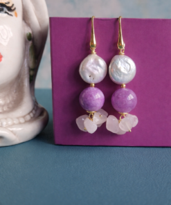 Orecchini Pendenti con Giada Kunzite, Perle Piatte e Quarzo Rosa