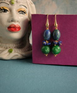 Orecchini Pendenti con Lapis Afghanistan Barilotto, Chips di Lapis e Agata Verde
