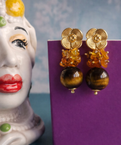 Orecchini Pendenti con Occhio di Tigre e Chips di Ambra 2