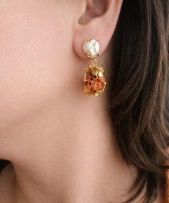 Alternative view of Drop Earrings with Flat Pearls and Mediterranean Coral Stone