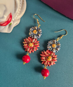 Orecchini Siciliani con Doppio Fiore in Ceramica di Caltagirone e pietre maiorca rossa
