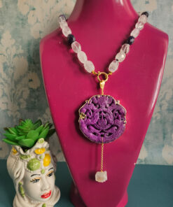 Collana con Cristallo di Rocca, Sugilite e Ciondolo Giada Burma Viola