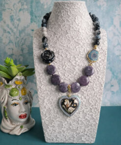 Collana Decollete con Agata Fuoco, Lepidolite e Ceramica di Caltagirone