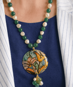 Collana Decollete con Perla, Agata Verde e Ciondolo in Ceramica di Caltagirone