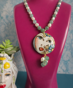 Alternative view of Statement Necklace with Green Jade Stones, Pearls and Ceramic Pendant