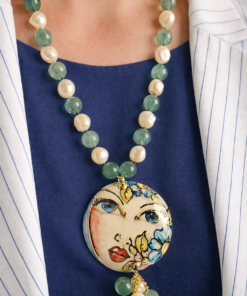 Collana Decollete con Perla, Giada Ice Verde e Ciondolo in Ceramica di Caltagirone