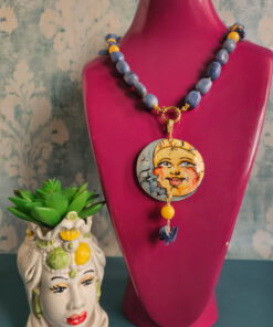 Collana Girocollo in Avventurina Blu con Giada Gialla e Ciondolo in Ceramica di Caltagirone 3