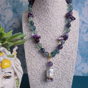 Collana Girocollo in Ametista con Quarzo Citrino e Pendente in Agata Striata Viola