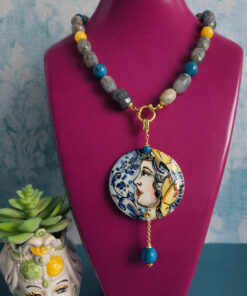 Collana Girocollo in Labradorite con Apatite, Giada Gialla e Ciondolo in Ceramica di Caltagirone