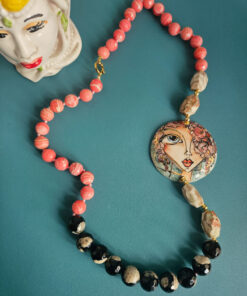 Alternative view of Sicilian Necklace with Rhodochrosite, Madagascar Stones, and a Caltagirone Ceramic