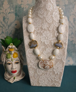 Alternative view of Statement Necklace with Pearls, White Stones, Chalcedony and Sardonic Shell Cameo