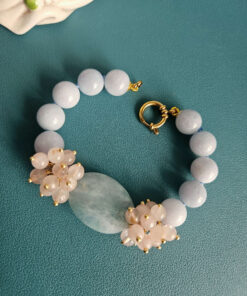 Bracciale con Calcedonio, Acquamarina e Grappolo di Quarzo Rosa