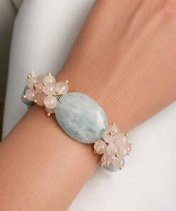 Bracciale con Calcedonio, Acquamarina e Grappolo di Quarzo Rosa