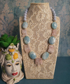 Collana Decollete con Calcedonio, Acquamarina e Frange di Quarzo Rosa