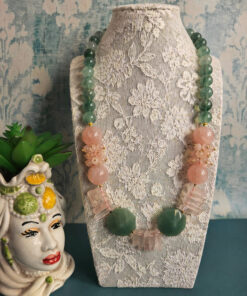 Collana Decollete con Giada Verde e Quarzo Rosa