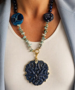 Collana Decollete con Occhio di Tigre Blu, Larimar e Ciondolo Giada Blu