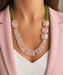 Collana Decollete con Peridoto e Frange di Quarzo Rosa