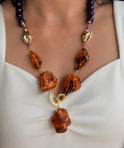 Collana Decollete in Argento 925 Placcato Oro con Ametista e Ambra del Baltico