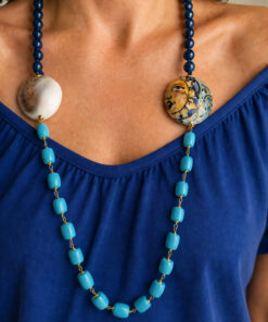 Collana Lunga con Giada Blu, Pasta di Turchese e Ceramica Sole Luna in Ceramica di Caltagirone