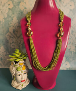 Collana Multifilo in Argento 925 Placcato Oro con Peridoto e Ambra Verde Messicana
