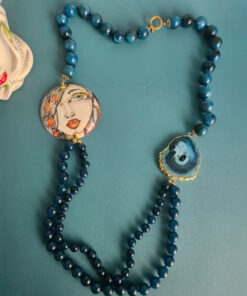 Alternative view of Sicilian Necklace with Aphatite Stones, Blue Jade and Sicily Ceramic Medal