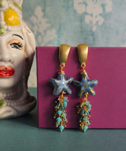 Orecchini Pen3denti con Stelle Marine blu in Ceramica di Caltagirone Dipinta a Mano Cristalli Swarovski e turchesi