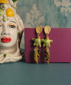 Orecchini Pendenti con Stelle Marine Verdi in Ceramica di Caltagirone Dipinta a Mano e Cristalli Swarovski