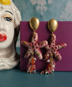 Orecchini Pendenti con Stelle Marine rosa in Ceramica di Caltagirone Dipinta a Mano e Cristalli Swarovski rosa