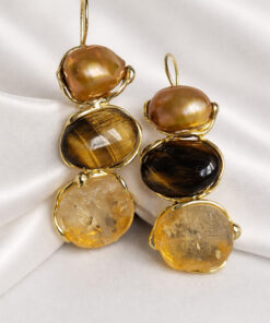 Orecchini Pendenti in Argento 925 Placcato Oro con Occhio di Tigre, Perla e Quarzo Citrino