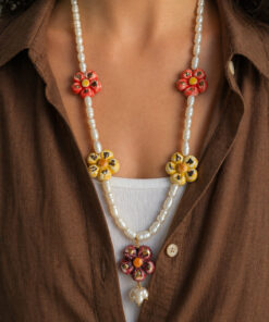 Alternative view of White Pearl Necklace with Ceramic Flowers