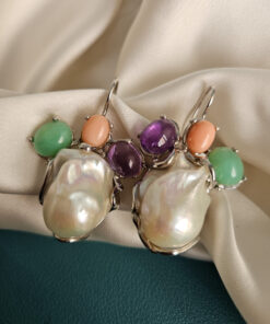 orecchini di perle con pietre naturali ametista corallo rosa e amazzonite