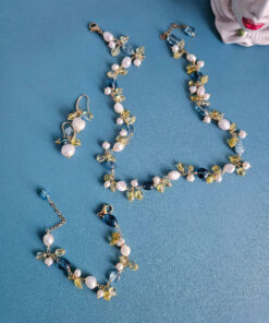 parure collana bracciale e orecchini con quarzo blu, citrino e perle di fiume