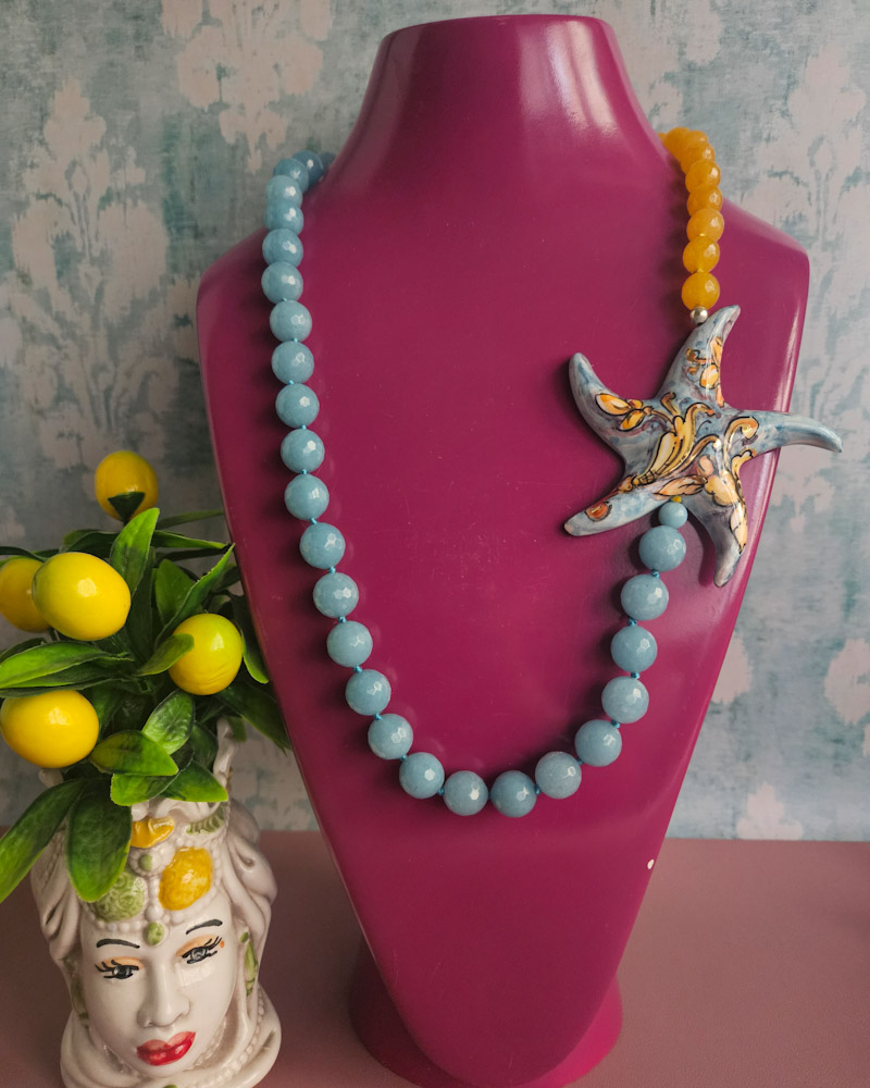 collana lunga in angelite agata gialla e stella marena in ceramica di caltagirone collana lunga in angelite agata gialla e stella marena in ceramica di caltagirone