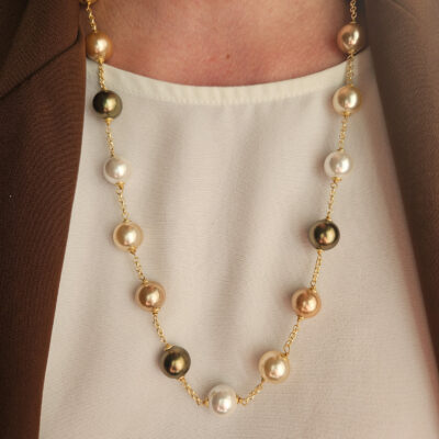 parure collana e orecchini con catena e perle