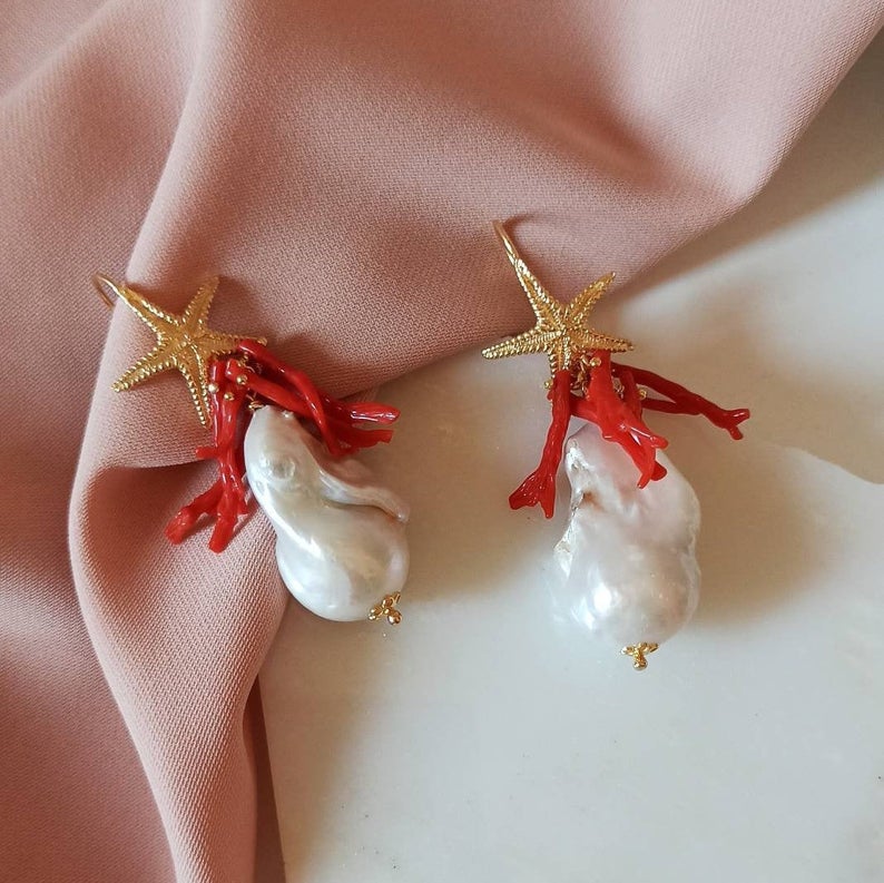 925 baroque pearl earrings with red coral branches