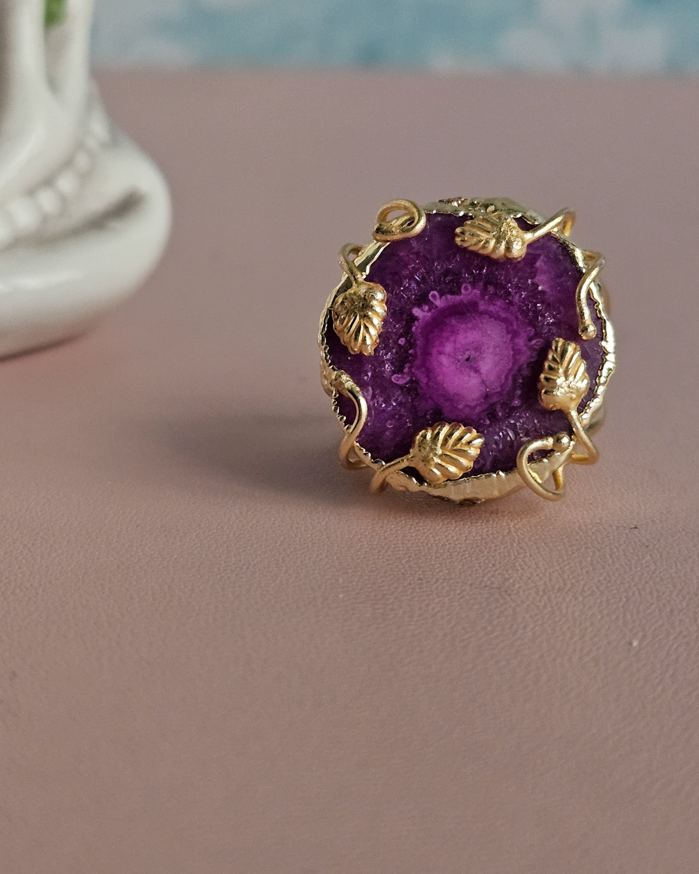 Anello Tondo con Agata Naturale fucsia 4