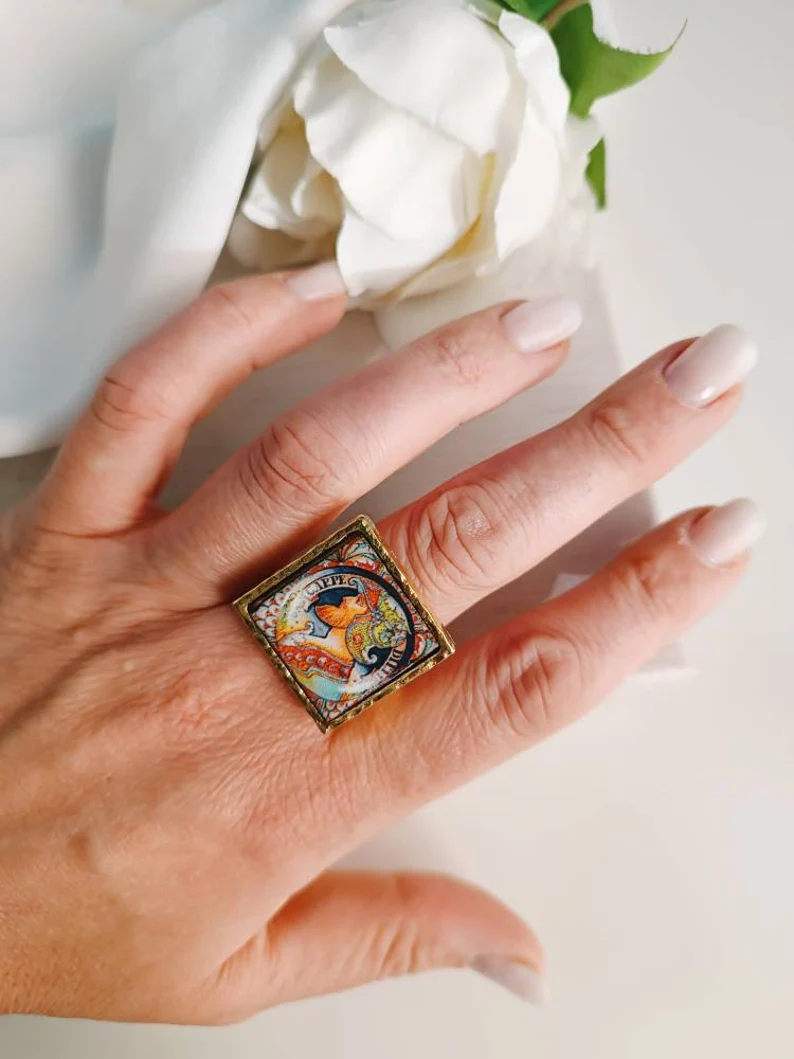 Anello con mattonella in ceramica di caltagirone 4