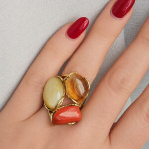 Anello in Argento 925 Placcato Oro con Corallo Rosso