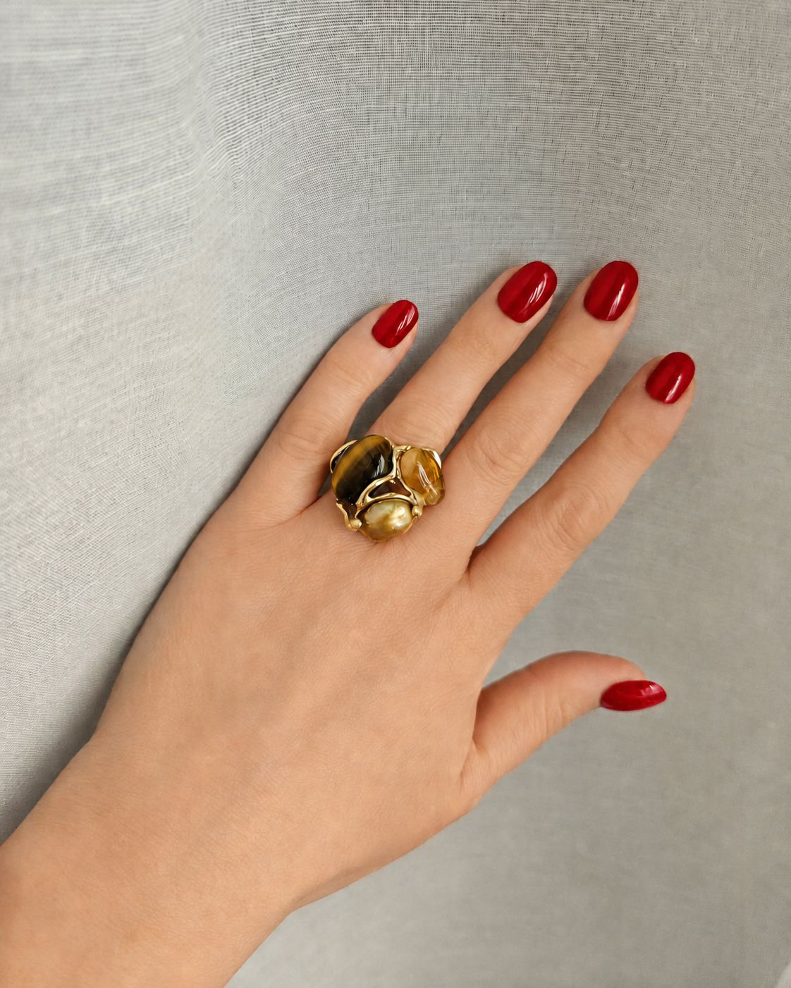 Anello in Argento 925 Placcato Oro con Occhio di Tigre, Quarzo Citrino e Perla Dorata