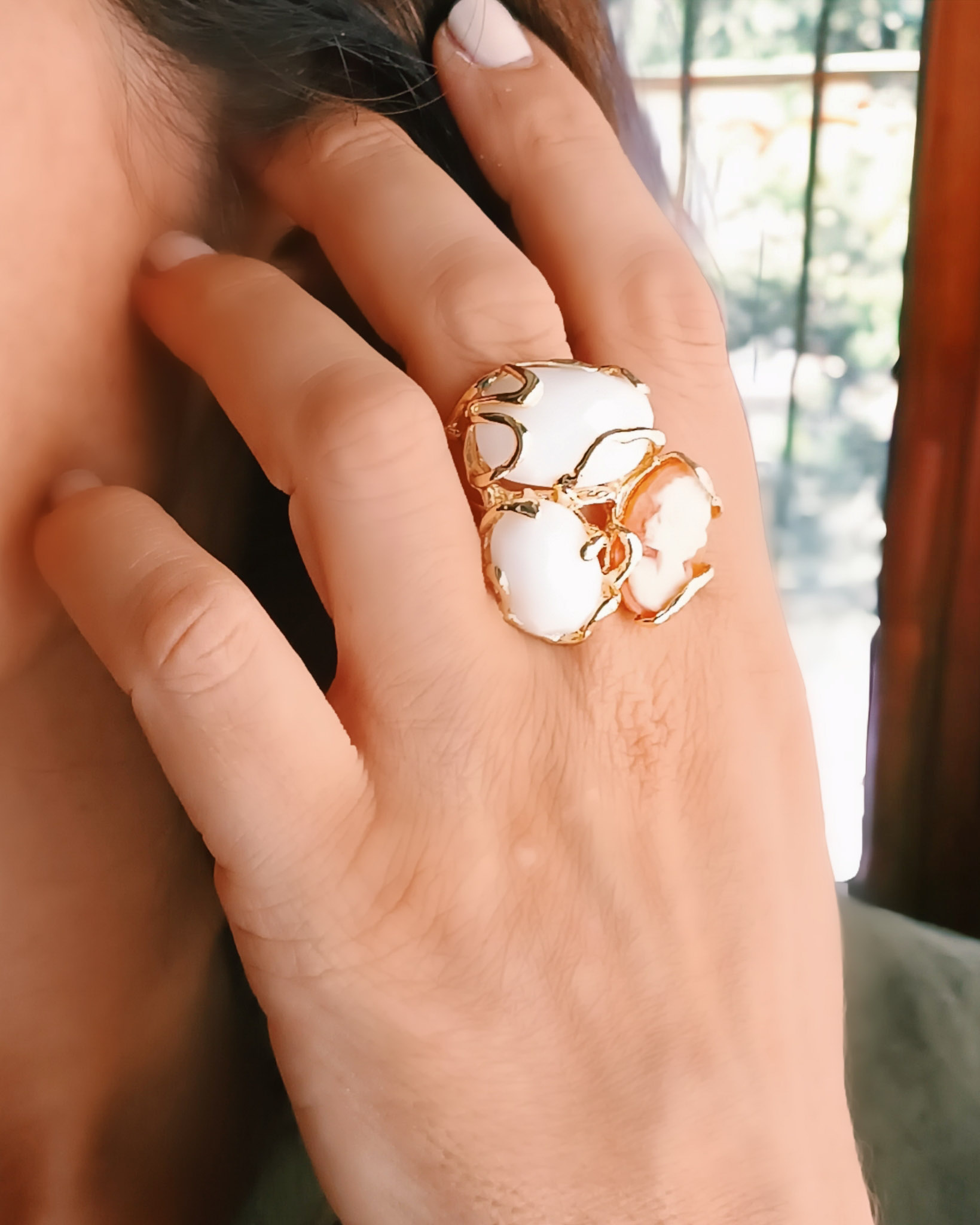 Anello triplo con agata bianca e cammeo conchiglia di torre del greco 4