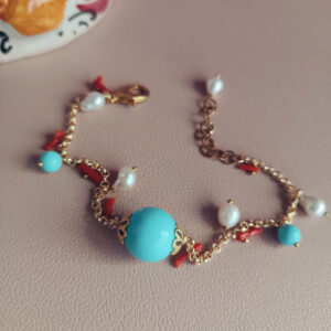 Bracciale a catena con turchese corallo rosso e perle 2