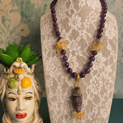 Collana Girocollo in Ametista con Quarzo Citrino e Pendente in Agata Striata Viola