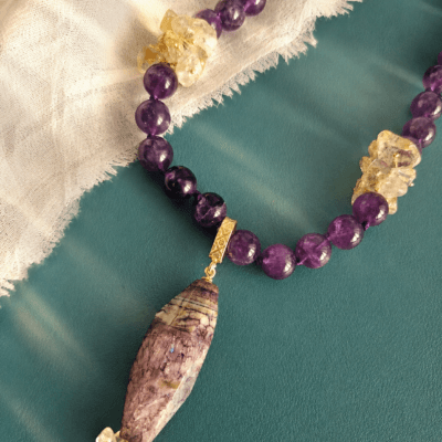 Collana Girocollo in Ametista con Quarzo Citrino e Pendente in Agata Striata Viola